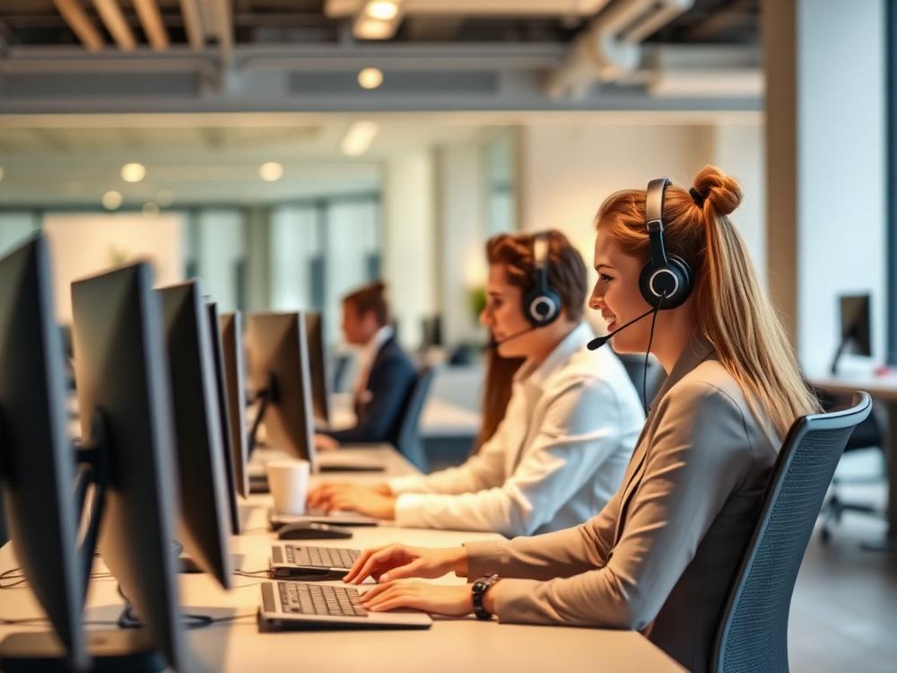 Professionals wearing headsets working in a modern call center