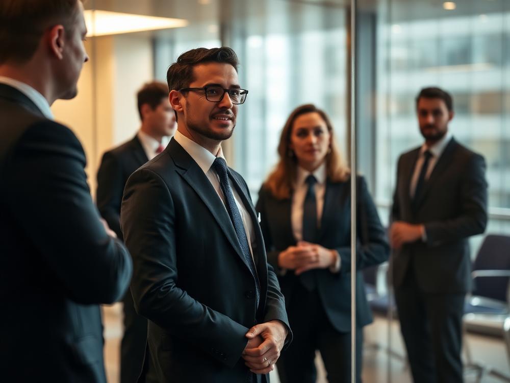 Business professionals in a modern glass boardroom